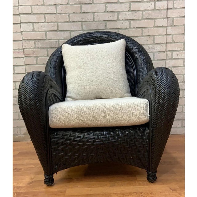 Pottery Barn Malabar Woven Wicker Rattan Lounge Chairs W/ Newly Reupholstered Pillows - Set of 2 For Sale - Image 4 of 11