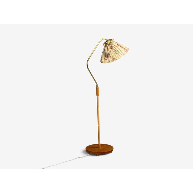 1940s 1940s Swedish Modern, Floor Lamp, Elm, Brass, Cord, Beige Fabric For Sale - Image 5 of 12