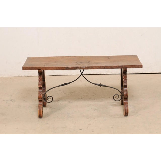 Antique Spanish Wooden Coffee Table with Carved Lyre-Legs and Iron Stretchers For Sale - Image 10 of 13