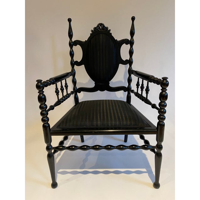 Transitional Vintage Painted Black Wood Armchair For Sale - Image 3 of 9