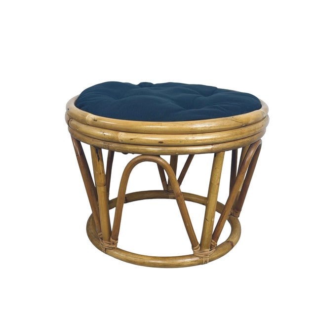 Tan Pair of 1970s Vintage Rattan and Bamboo Round Ottoman Footstools For Sale - Image 8 of 18