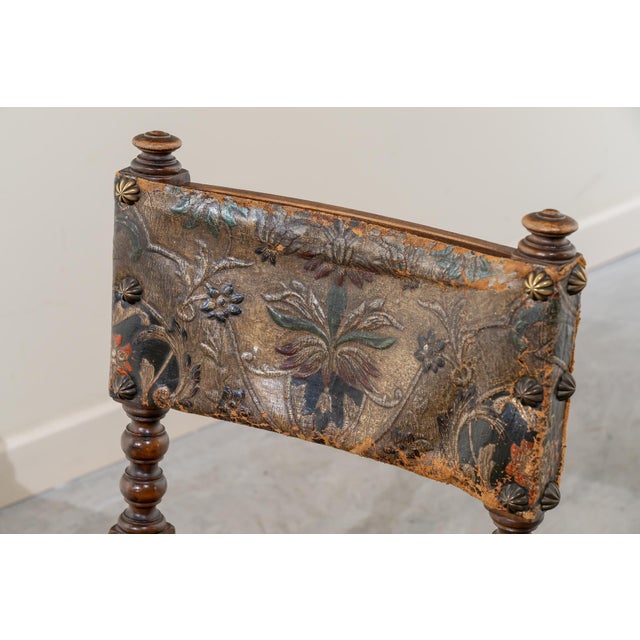 Wood Small Antique 19th Century Walnut Dais Chair with Embossed Leather Upholstery, Spain For Sale - Image 7 of 13