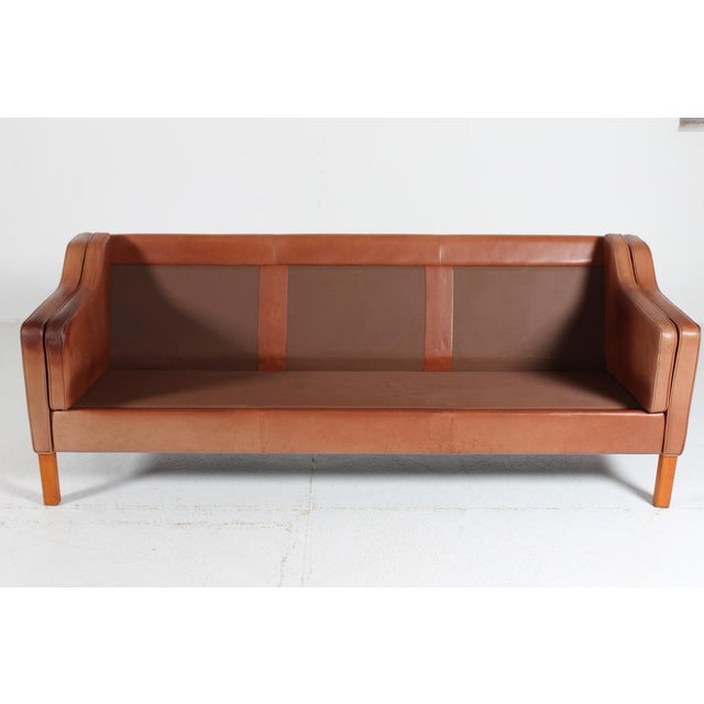 Modern Danish Three-Seater Sofa with Patinated Cognac-Colored Leather from Stouby, 1980s For Sale - Image 16 of 17