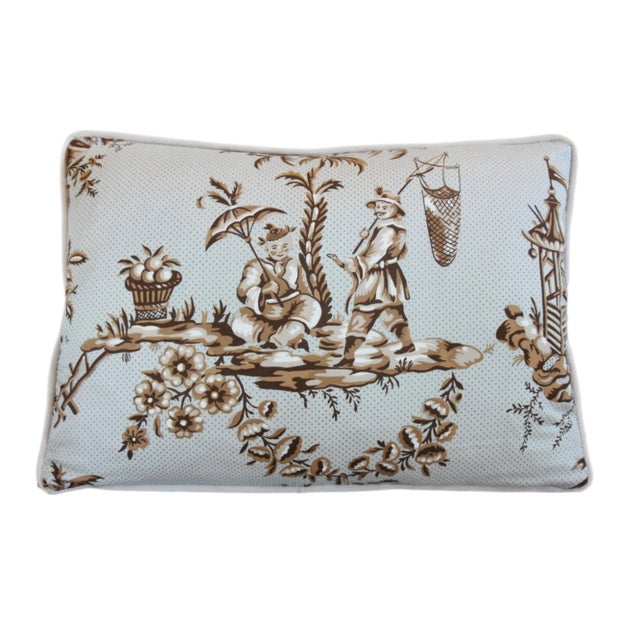 Bespoke beautiful custom-tailored pillow in designer Bailey & Griffin "Chinoise" printed cotton fabric. Cream cotton-...