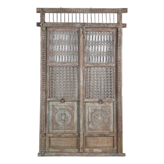 Antique Indian Carved Teakwood and Iron Jali Door For Sale