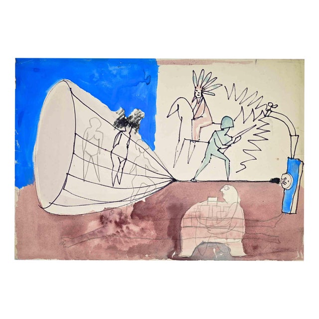 Mino Maccari, Indians and Soldiers, 1960s, Charcoal For Sale