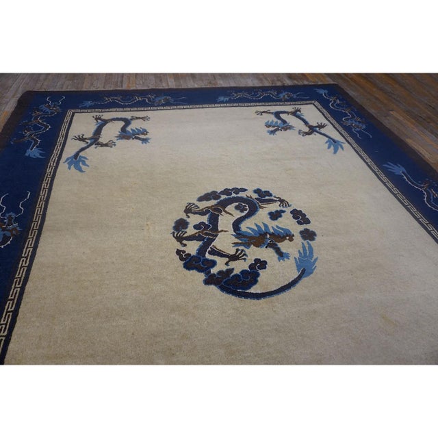 1900s Traditional Beige Field Imperial Dragon Antique Chinese Peking Knotted Rug For Sale - Image 4 of 8