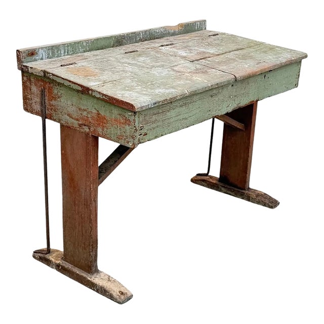 Antique French Primitive Rustic Green Distress Painted Flip Top Wood School Desk For Sale