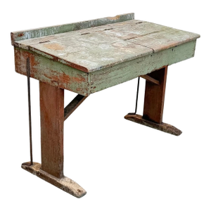 Antique French Primitive Rustic Green Distress Painted Flip Top Wood School Desk