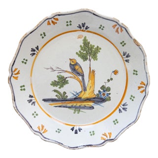 18th Century French Nevers Polychrome Tin-Glazed Faïence Bird Plate For Sale