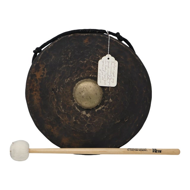 Antique 19th Century Balinese Gamelan Gong With Old Padangtegal Dealer Tag and Mallet — 10.5" For Sale