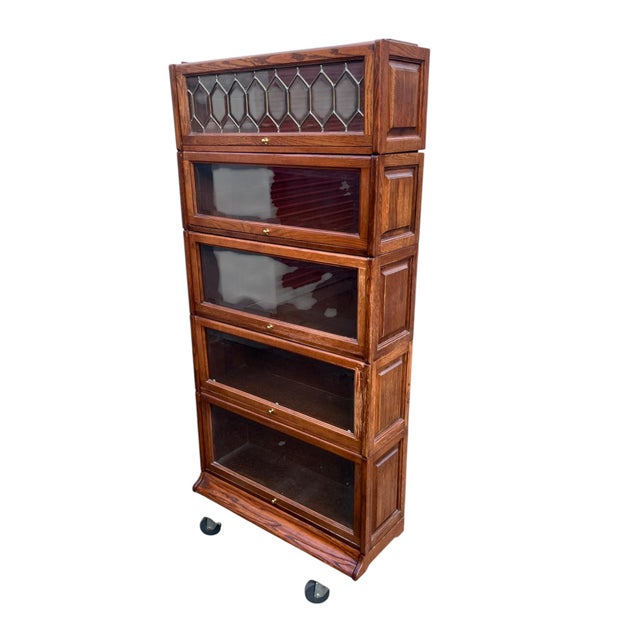 Late 20th Century Oak Barrister Leaded Top 5 Stack Bookcase For Sale - Image 13 of 17