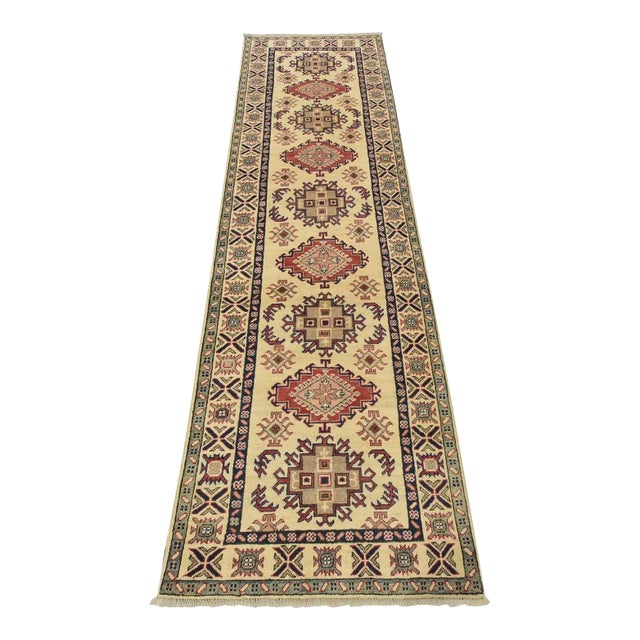 Kazak Runner 2’9” X 9’7” Beige Wool Tribal Hand-Knotted Oriental Rug For Sale