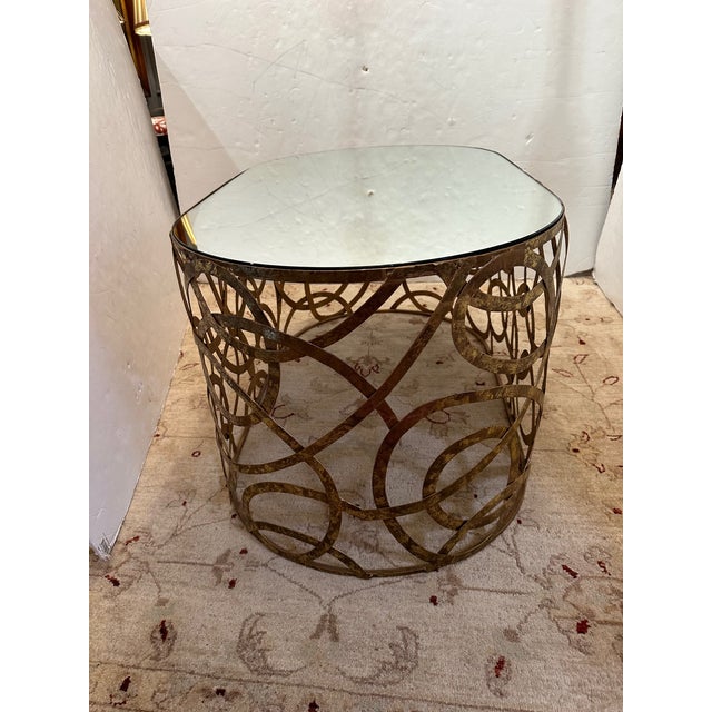 Oval Coffee Table With Mirrored Top & Brass Circle Motif Base For Sale - Image 4 of 8