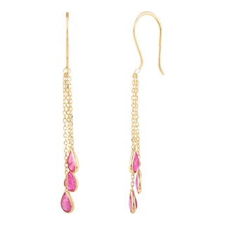 Three Pear Drop Ruby Dangle Earrings in 18k Yellow Gold - 2 Pieces For Sale