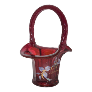 Vintage Ruby Red Glass Basket – Hand-Painted by S. Miller – “40th Anniversary” Floral Design