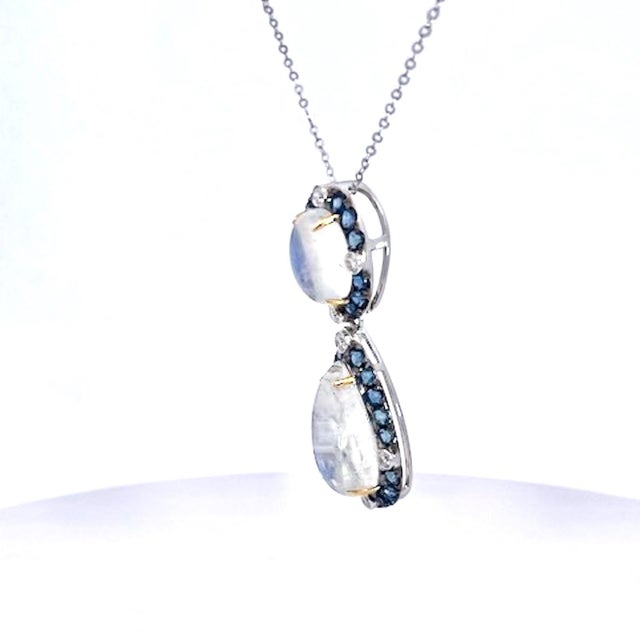 Double Drop Moonstone Pendant W/Diamonds and Sapphires 18k For Sale - Image 4 of 10