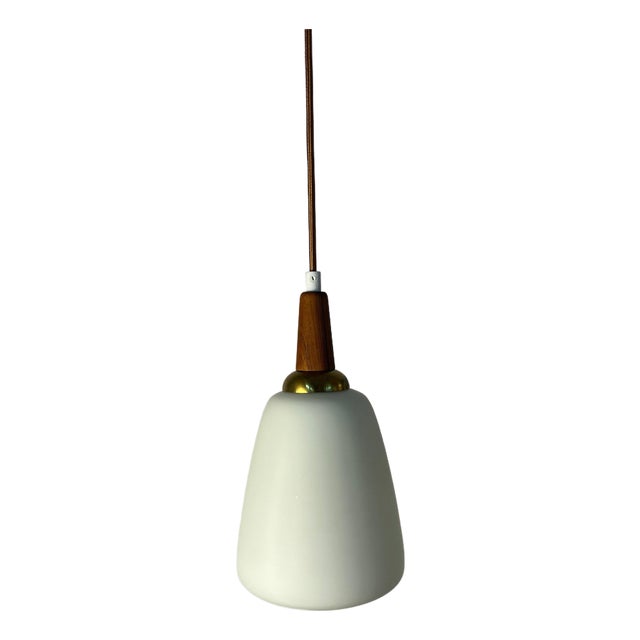 Opal Glass Pendant Lamp with Teak and Brass Cable, Denmark For Sale