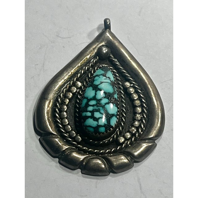 Native American 1970s Native American Vintage Spiderweb, Turquoise Sterling Silver Pendant For Sale - Image 3 of 6