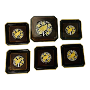 Vintage Otagiri Japan Black and Gold Lacquered Golden Pheasant Coasters in Box
