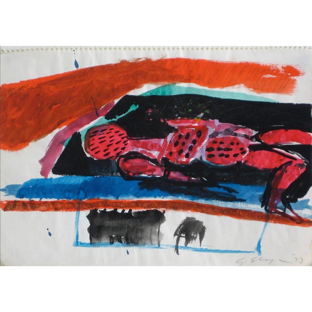 This 1973 gouache on paper abstracted figure in gouache with black and red is by New York/San Francisco Abstract...
