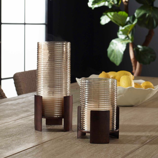 Modern Fluted Fire Cylinder Candleholders Set/2 For Sale - Image 3 of 4