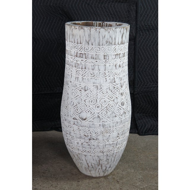 Late 20th Century 2 Bohemian Carved Palm Tree Trunk Planters Boho Chic Sculptural Vase Pair 40" For Sale - Image 9 of 12