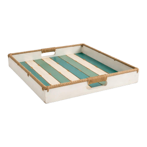 Large Coastal Rope-Handled Ottoman Tray – Weathered Beach House Wood Serving Tray, 19” Square