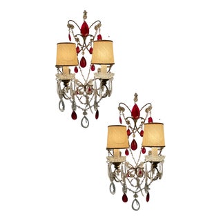 Ruby Red Crystal Beaded Sconces, 1940s, Set of 2 For Sale