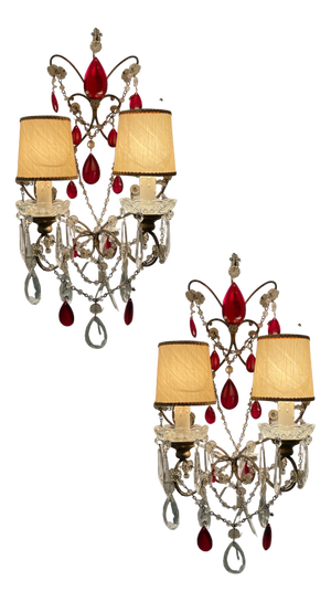Ruby Red Crystal Beaded Sconces, 1940s, Set of 2