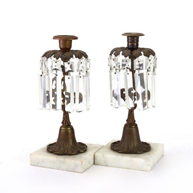 Late 19th Century Pair of Antique Bronze, Marble & Crystal Single Candle Candelabras C1890 For Sale - Image 5 of 8