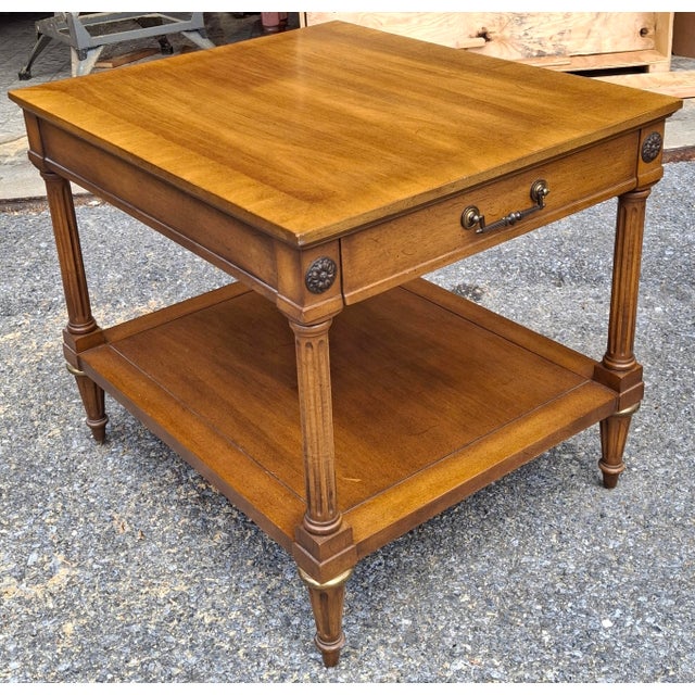Brown Pair Weiman Rockwood Collection Neo-Classical Crossbanded Walnut Tiered Side Tables For Sale - Image 8 of 12