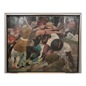 Julian Rockmore 1980s New York City "Fast Stop" Subway Scene Social Realist Oil Painting on Canvas
