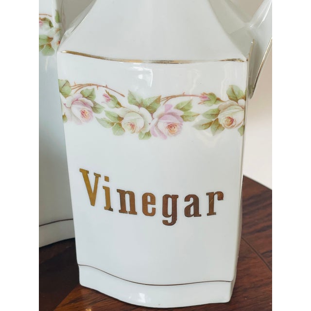 Antique Bavarian porcelain kitchen ware containers for oil, vinegar, pepper and barley. Great kitchen decor.