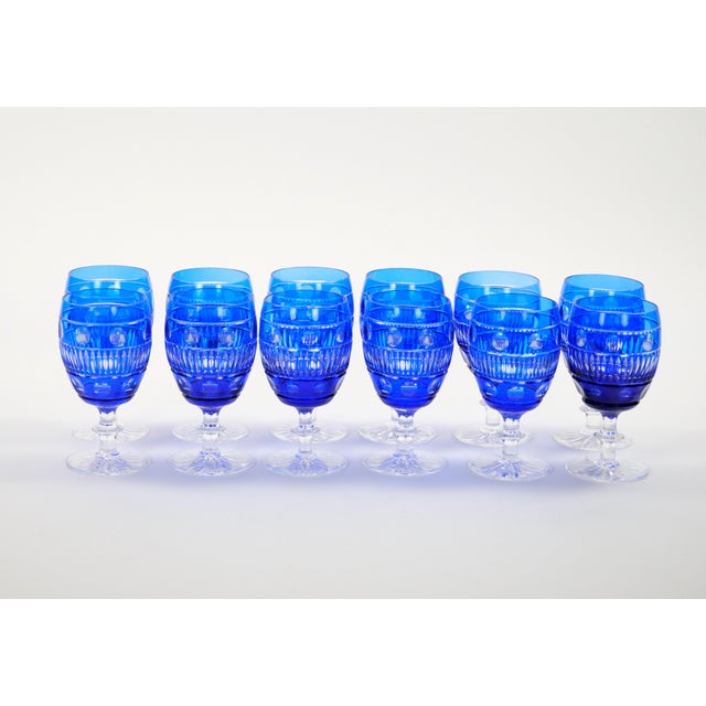 Glass Large Val Saint Lambert Cobalt Blue Crystal Wine and Water Service for 12 People For Sale - Image 7 of 14