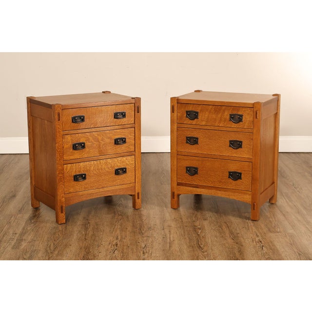 Mission Stickley Mission Collection Pair Of Oak Three Drawer Nightstands For Sale - Image 3 of 18