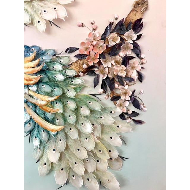 Mid 20th Century Asian Chinese 3-D Shell Relief Art Sculpture Peonies and Peacocks For Sale - Image 5 of 9