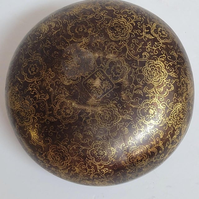 Metal Antique Chinese Bronze Hand or Bed Warmer With Gilt Decoration & Calligraphy For Sale - Image 7 of 7