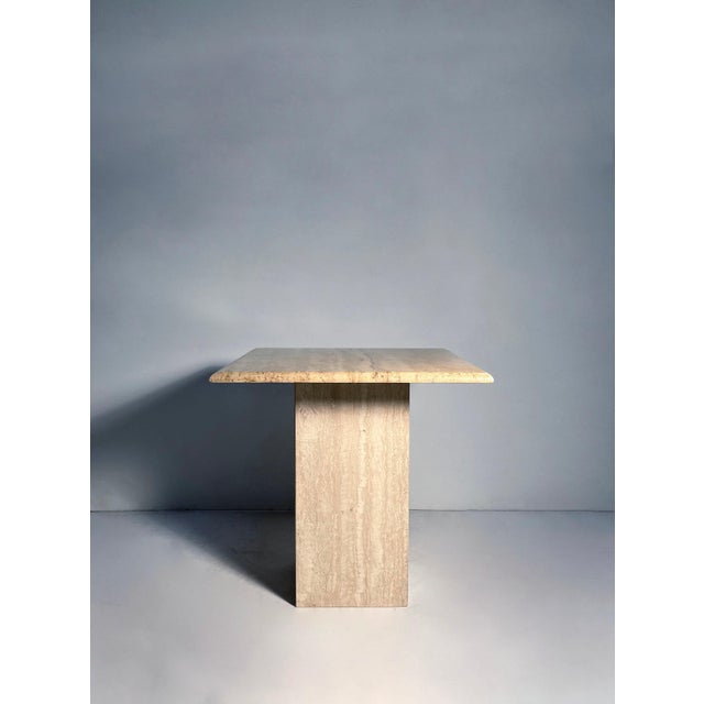 Post Modern Pair of Italian Travertine Pedestal End / Side Tables The tops on these have yellowed somewhat over time. May...