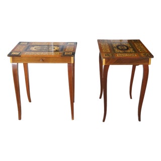 Mid 20th Century 2 Italian Inlaid Marquetry Musical Side Tables Pair Santa Lucia Music Box For Sale