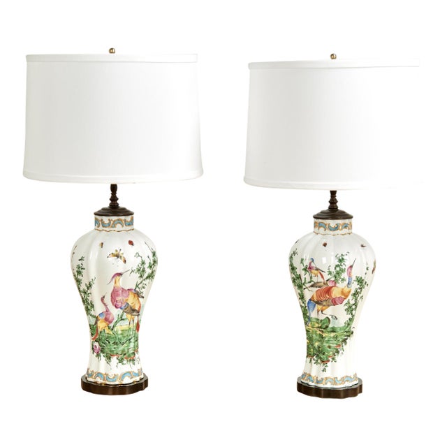 Pair of Antique French Porcelain Table Lamps With Birds and Bugs For Sale