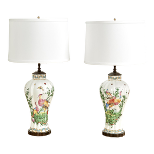 Pair of Antique French Porcelain Table Lamps With Birds and Bugs