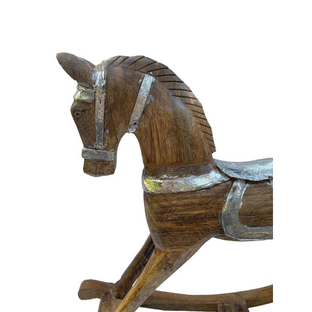 1980s Large Vintage Holiday Wooden Rocking Horse Pony With Sterling Silver Appliqué For Sale - Image 5 of 11