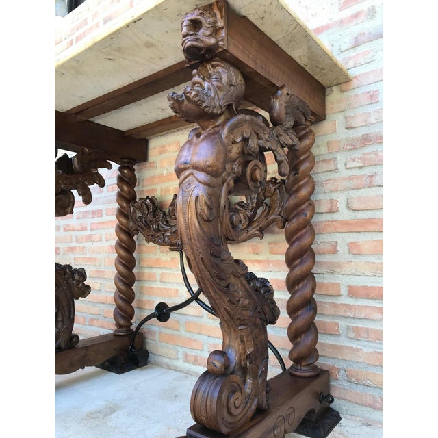 Brown 19th Century Console Carved Table Renaissance with Beige Marble Top For Sale - Image 8 of 18