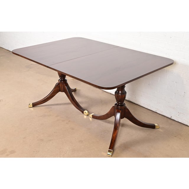 Brown Baker Furniture Style Georgian Mahogany Double Pedestal Extension Dining Table, Newly Refinished For Sale - Image 8 of 11