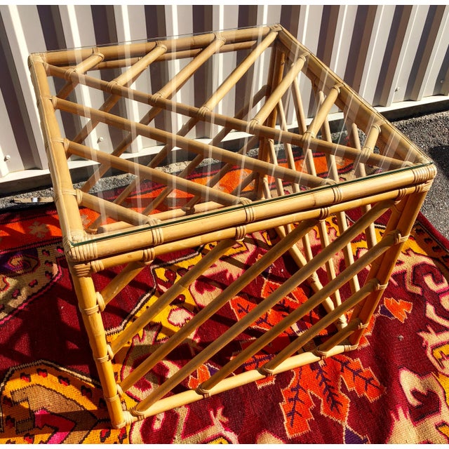 Geometric Chinese Chippendale Bamboo Rattan Cube Table For Sale - Image 12 of 13
