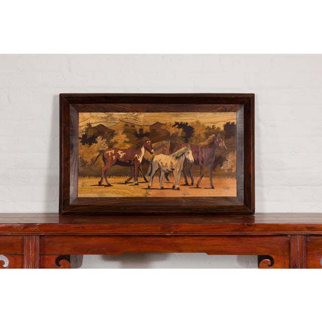 Vintage Inlaid Wood Framed Painting Depicting Four Horses in a Landscape For Sale - Image 4 of 12