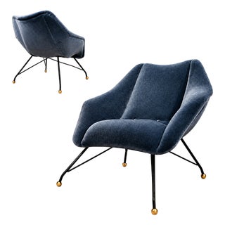 Brazilian Modern “Concha” Armchairs in Iron and Dedar's Blue Mohair, Carlo Hauner, Brazil, 1950s — Lot 83C For Sale