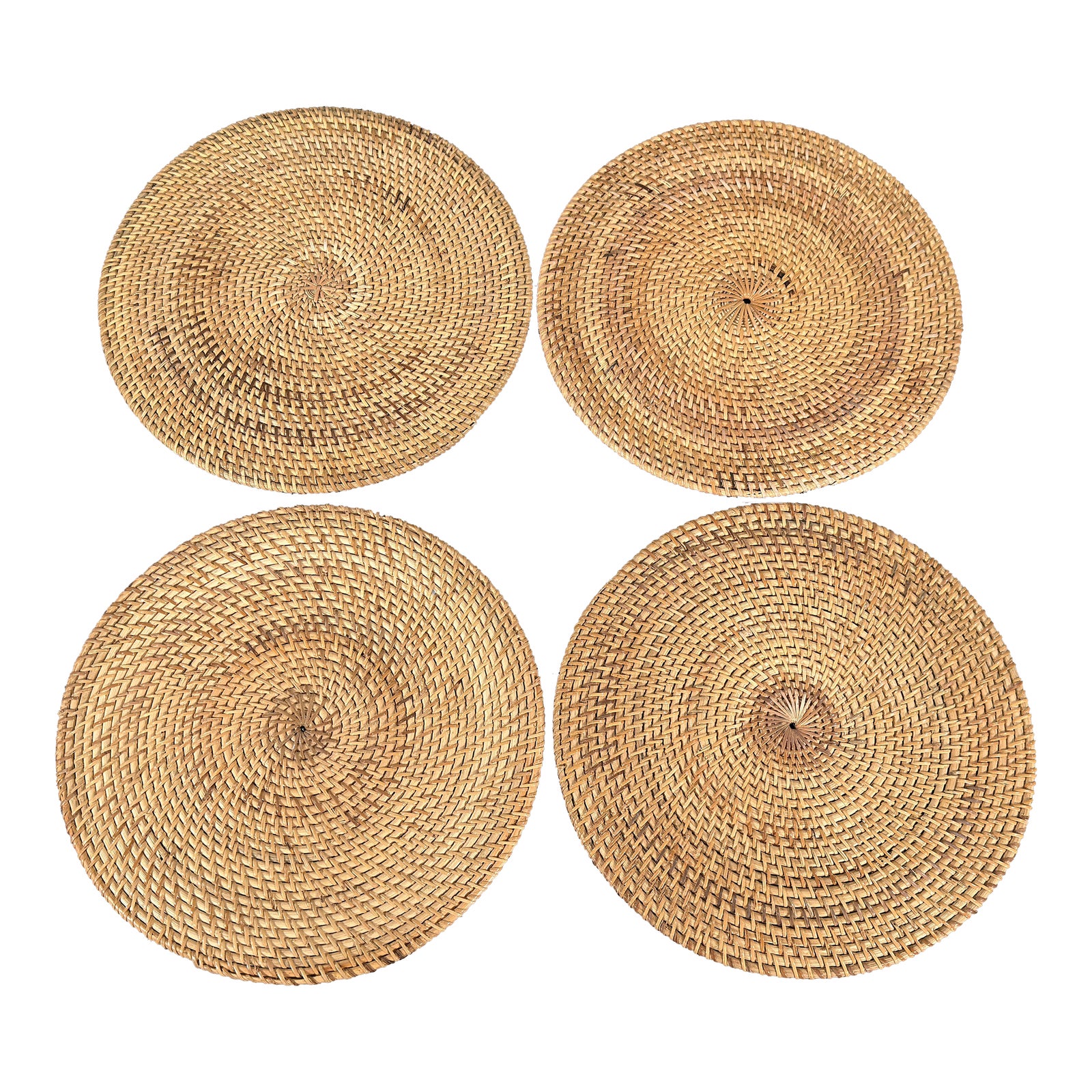 Set of 4 Woven Rattan Round Placemats, Late 20th Century