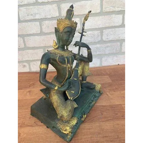 Mid 20th Century Vintage Thai Prince Musician Gilded Bronze Statue For Sale - Image 5 of 8